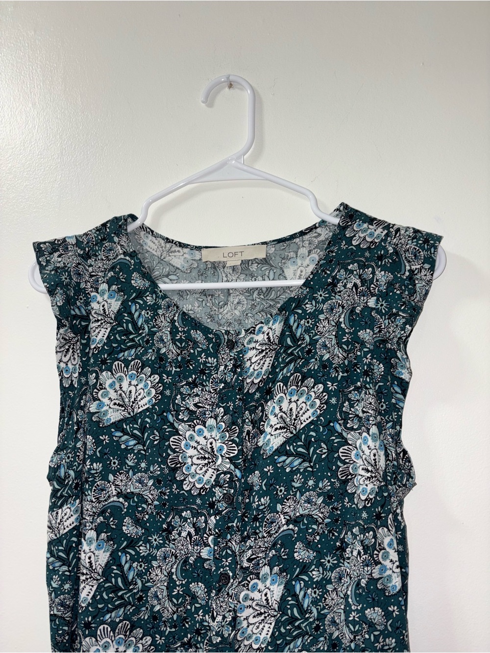 LOFT Green Floral Cap-Sleeve A-Line Dress Button Front  Size 4 - Picture 4 of 7